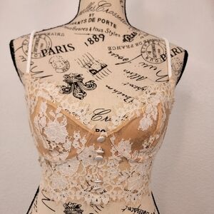 For Love and Lemons Bralette Bra XS Tan White Cami Lace Semi Sheer Coquette